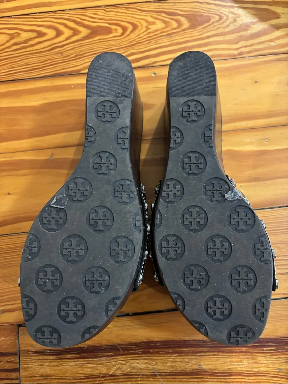 Tory Burch Black Patent Logo Wedge Slides